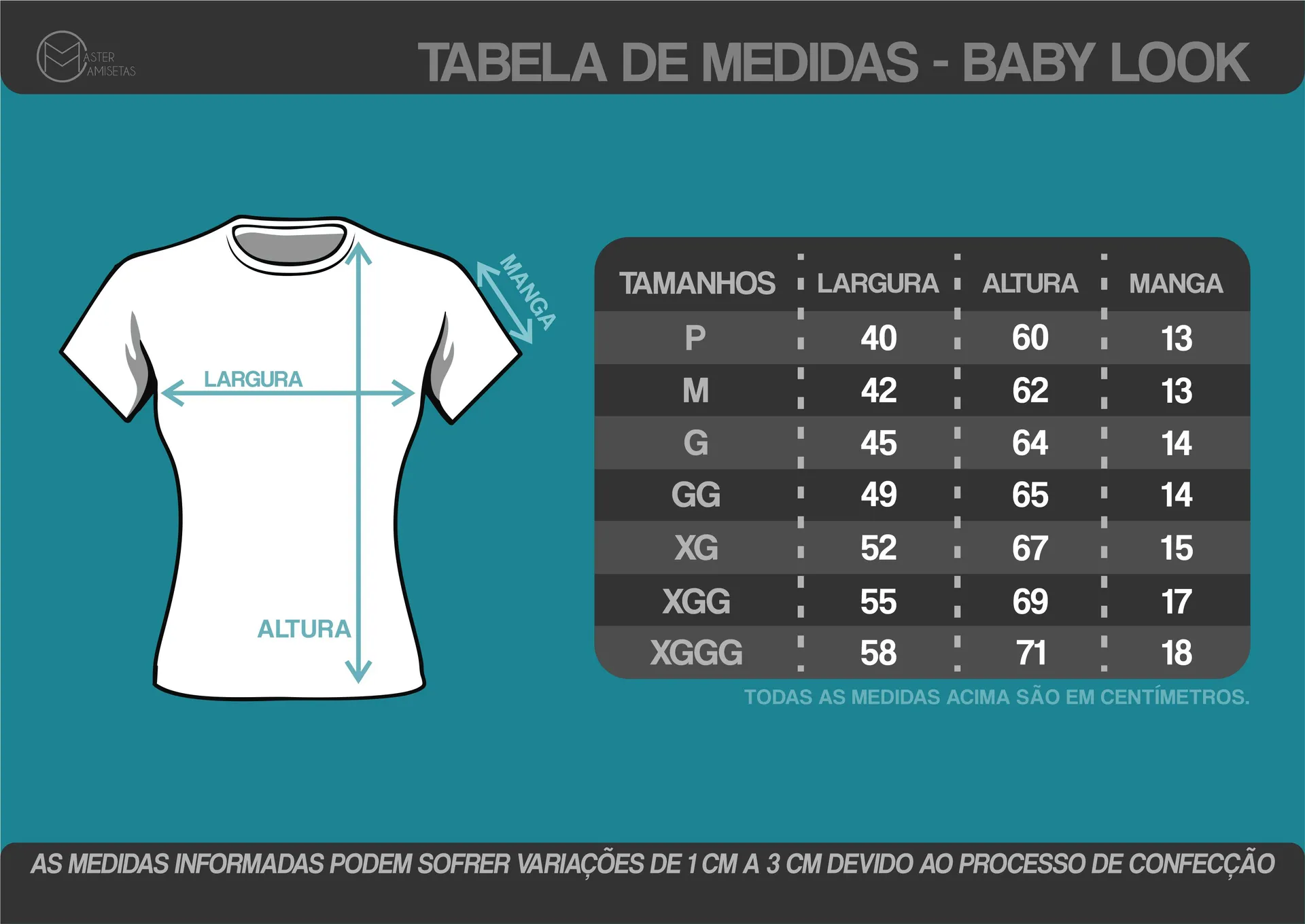 Tabela de medidas — Baby Look Branco, 100% Poliéster